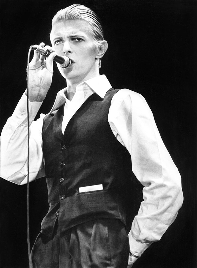 David Bowie singing into a handheld microphone during a performance in 1976. Photograph by Gijsbert Hanekroot.