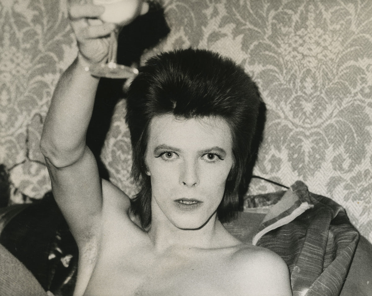 David Bowie in close-up, Chicago, 1973, photographed by Mick Rock. Unique vintage gelatin silver print.
