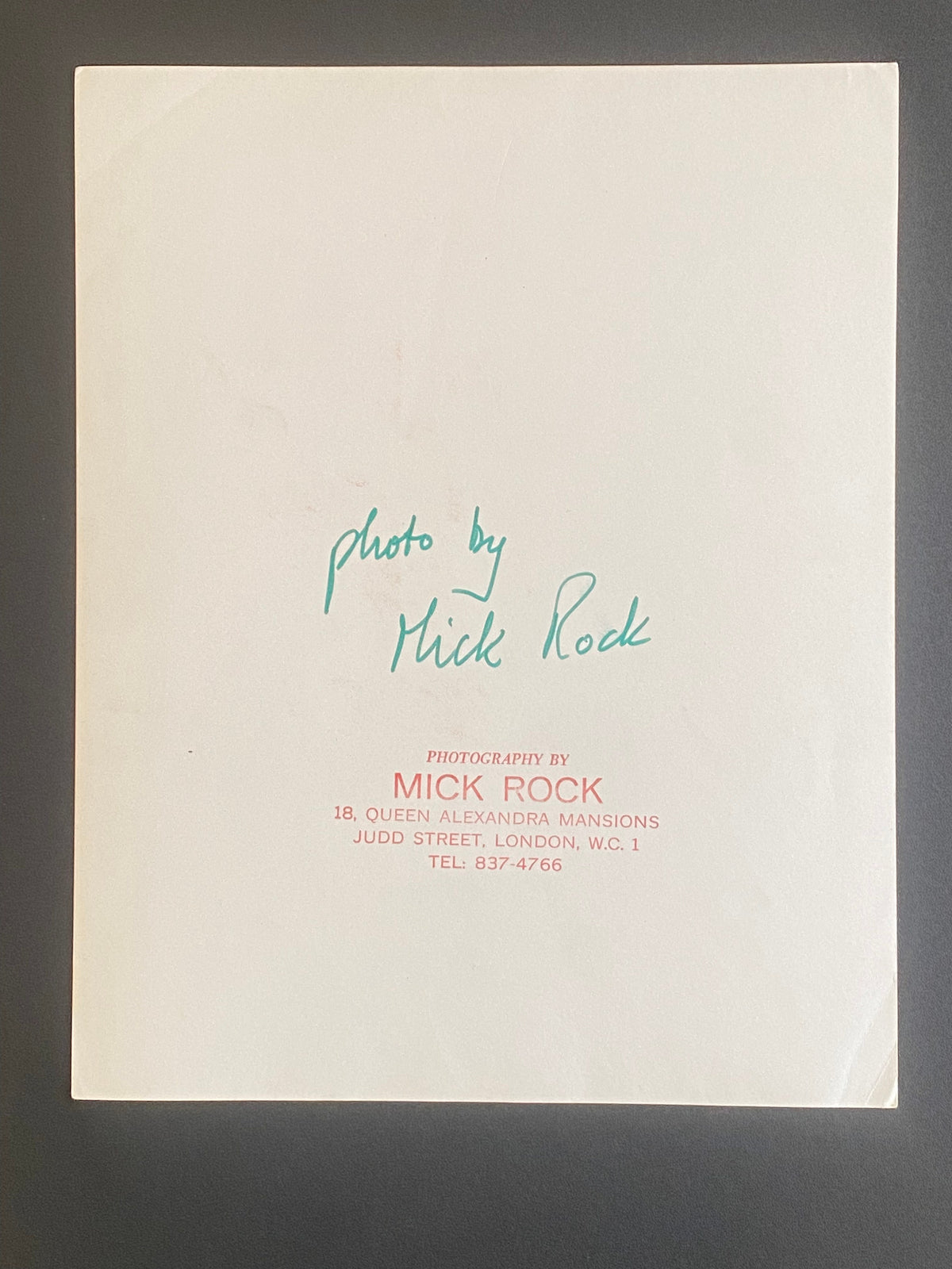 Verso of the David Bowie Golden print, hand-annotated and stamped by Mick Rock.