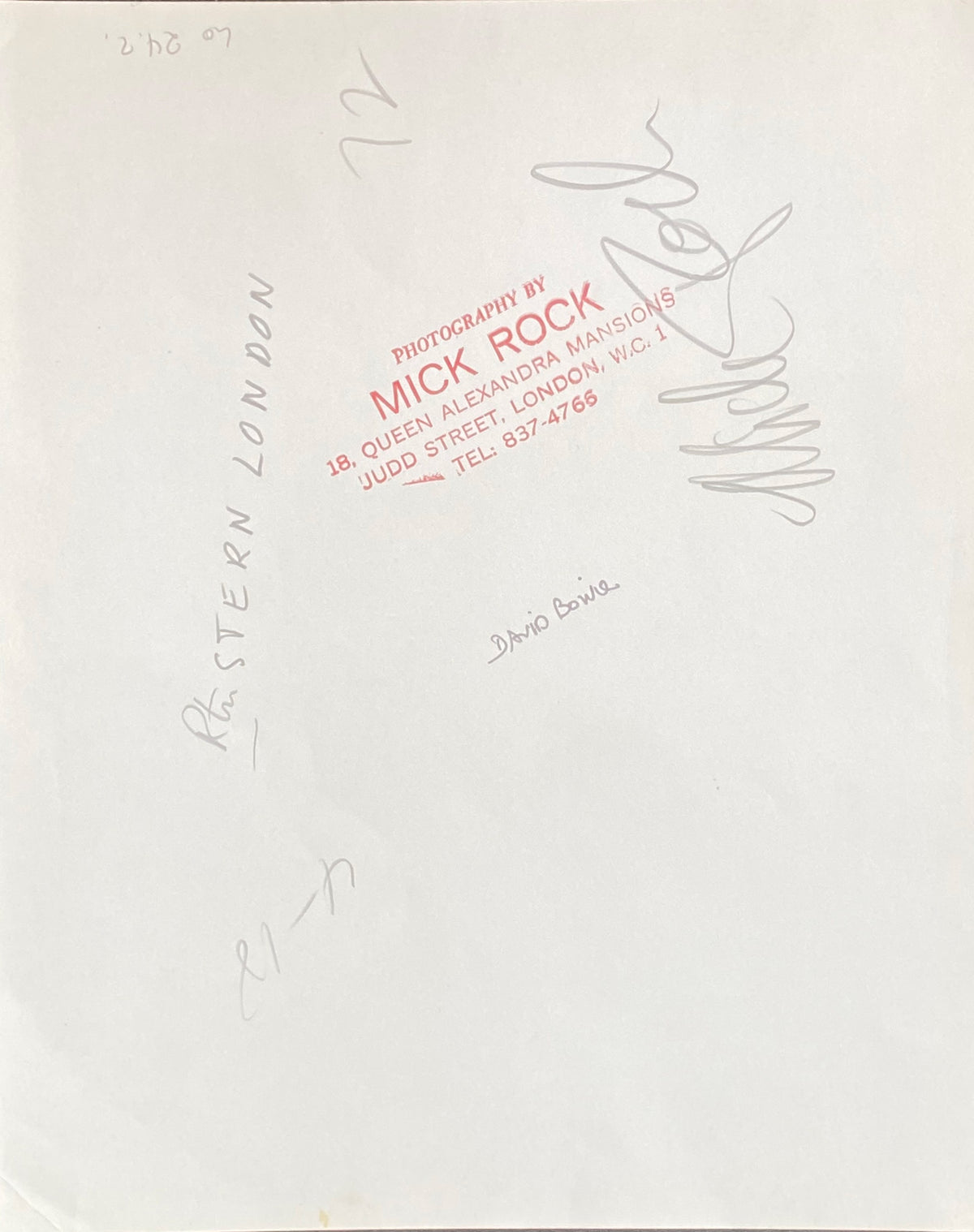 Verso of the David Bowie with guitar, London vintage print, hand-annotated and stamped by Mick Rock.