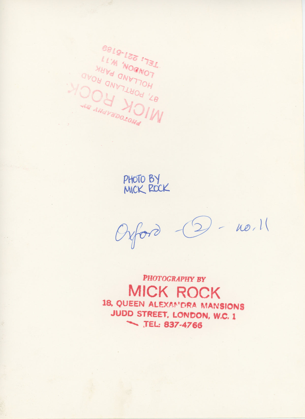 Verso of the David Bowie Live at Oxford Town Hall vintage print, hand-annotated and stamped by Mick Rock.