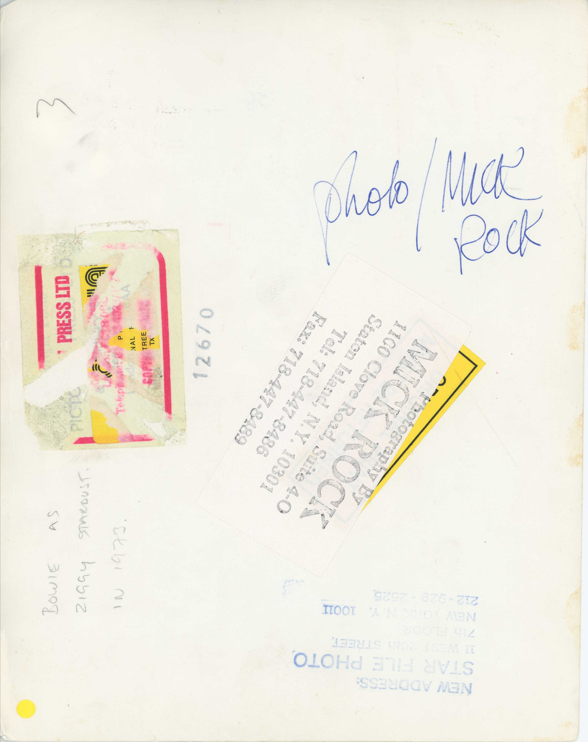 Verso of the David Bowie performing in London vintage print, signed and stamped by Mick Rock.