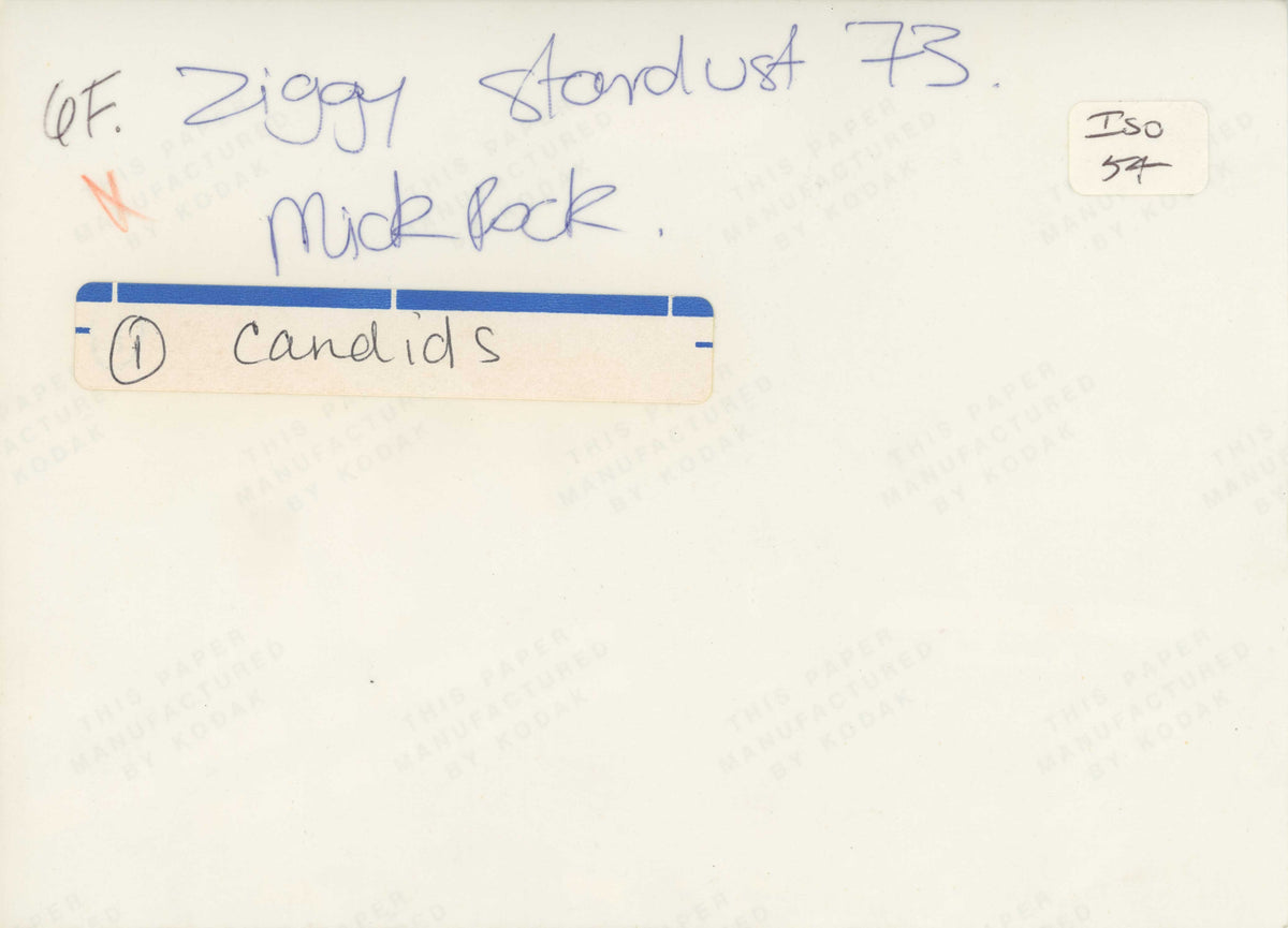 Verso of the David Bowie recording studio print, hand-annotated and stamped by Mick Rock.