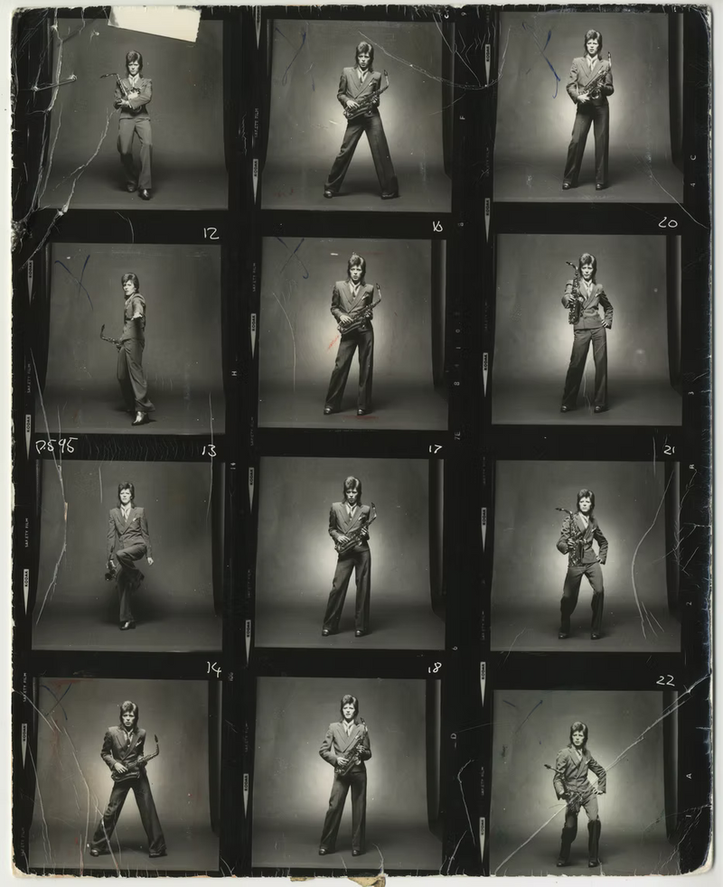 Original vintage contact sheet from the 1973 Pin-Ups photo session featuring David Bowie in the iconic Sax Series, photographed by Mick Rock.