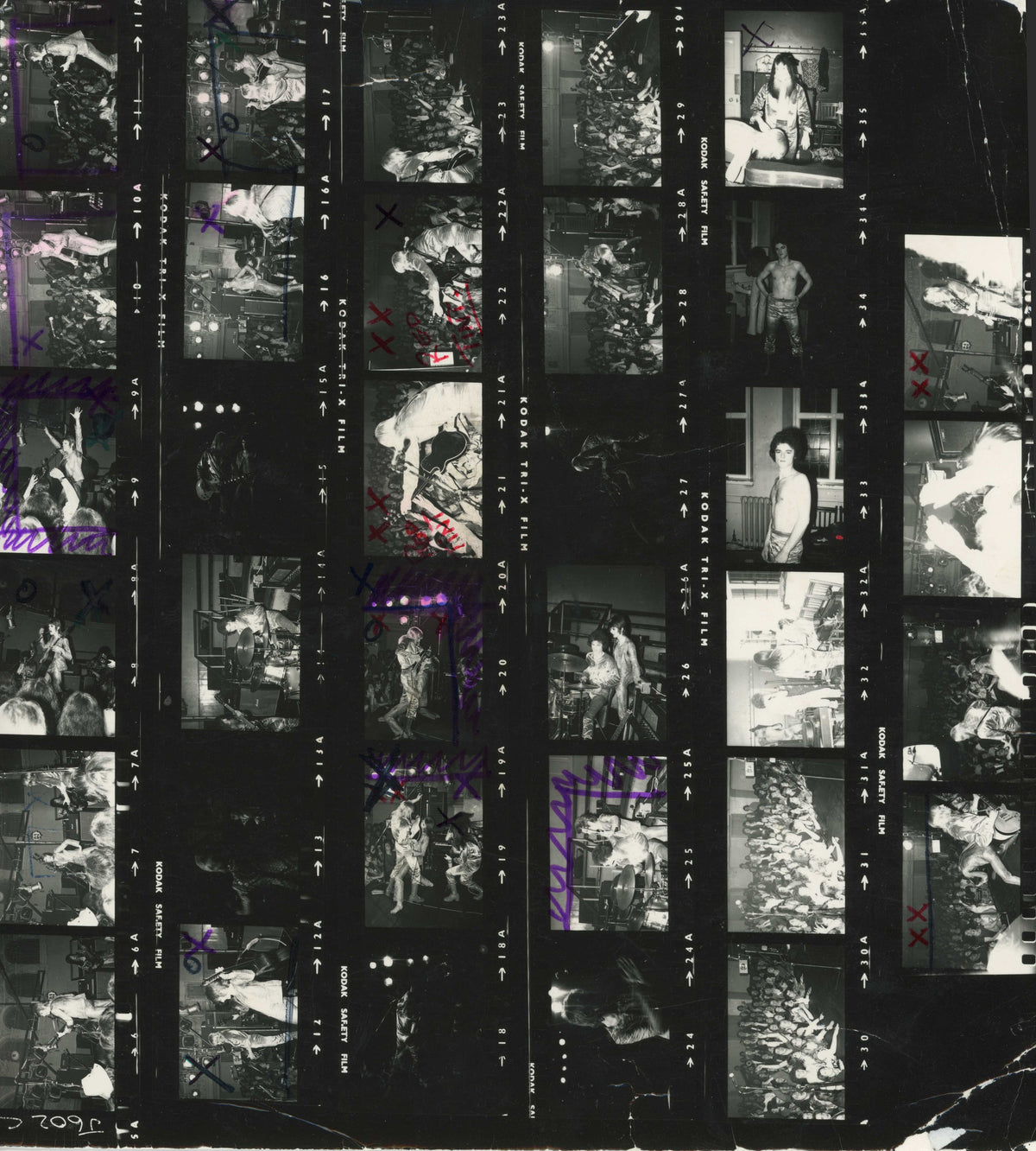 Original contact sheet of David Bowie at Oxford Town Hall, 1972, photographed by Mick Rock. Unique vintage gelatin silver print.