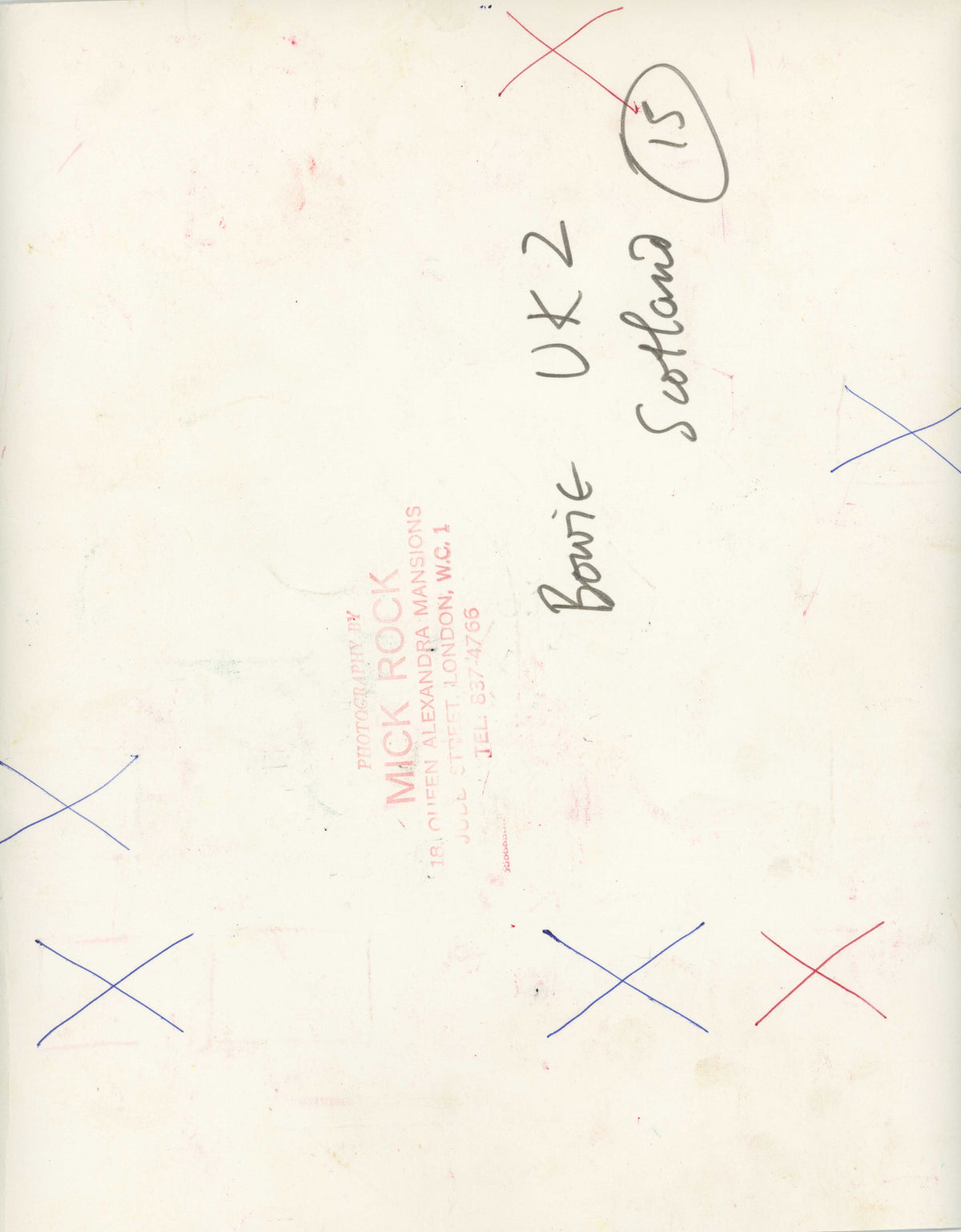 Verso of the David Bowie Scotland 1972 vintage print, hand-annotated and stamped by Mick Rock.