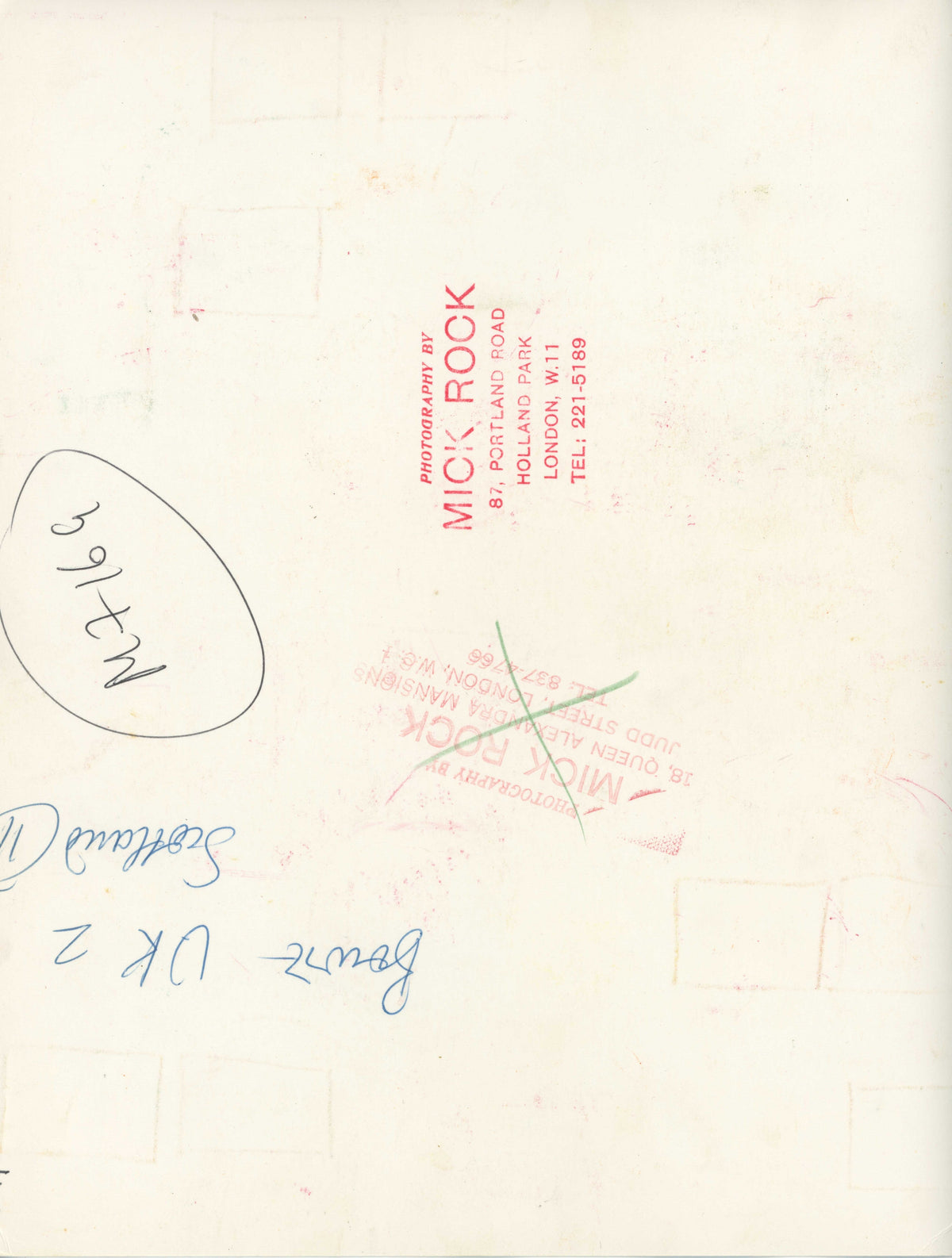 Verso of the David Bowie Scotland tour contact sheet, hand-annotated and stamped by Mick Rock.