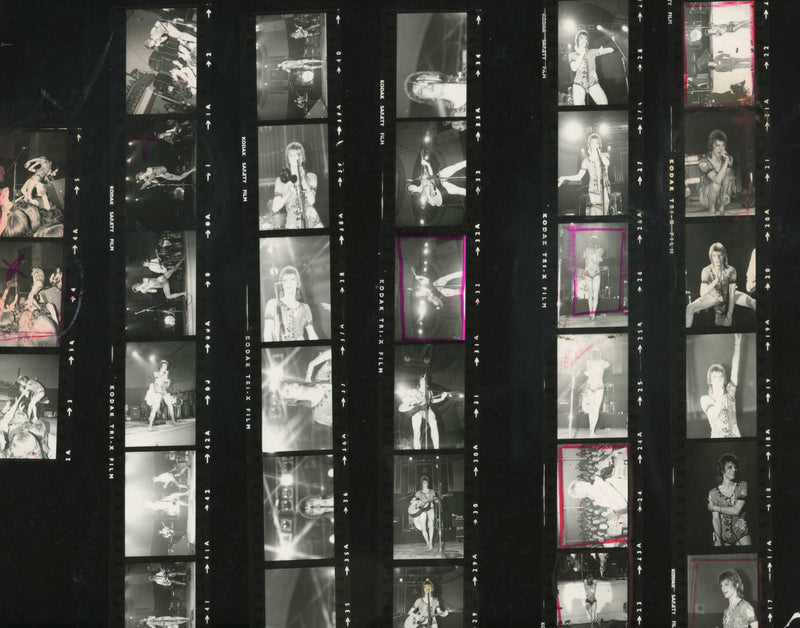Original contact sheet of David Bowie on the 1972 Scotland tour, photographed by Mick Rock. Unique vintage gelatin silver print.