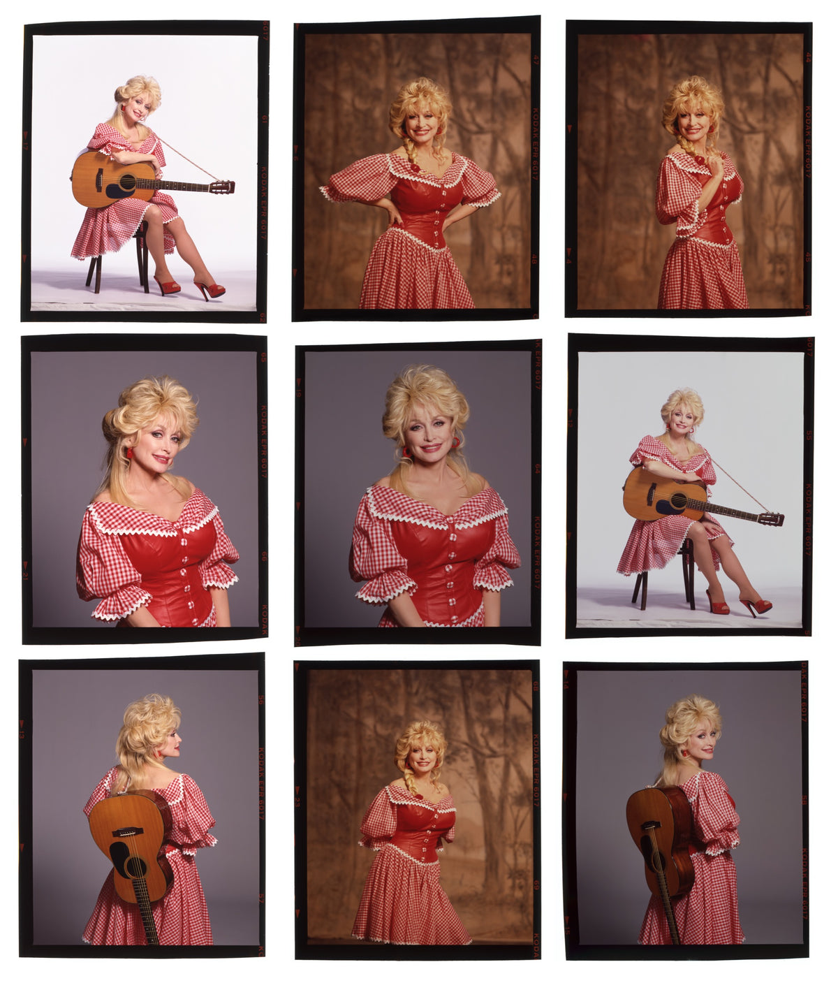 Nine frames show Dolly Parton in pink and red outfits, with changing poses and an acoustic guitar. Photograph by Timothy White, New York City, 1994.