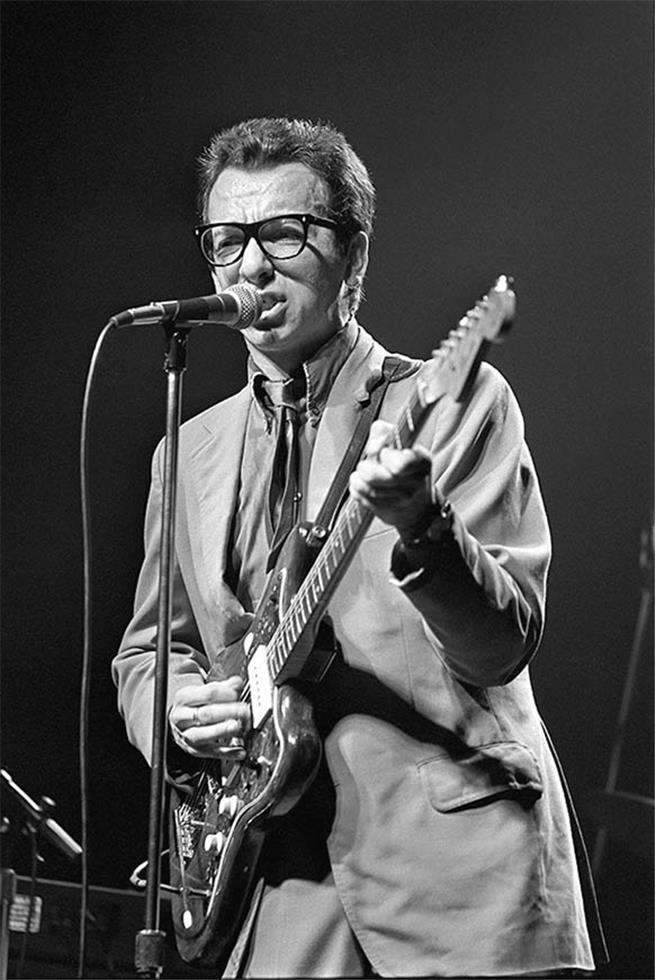 Elvis Costello performing at the Bottom Line in New York, photographed by Charlyn Zlotnik, 1977.