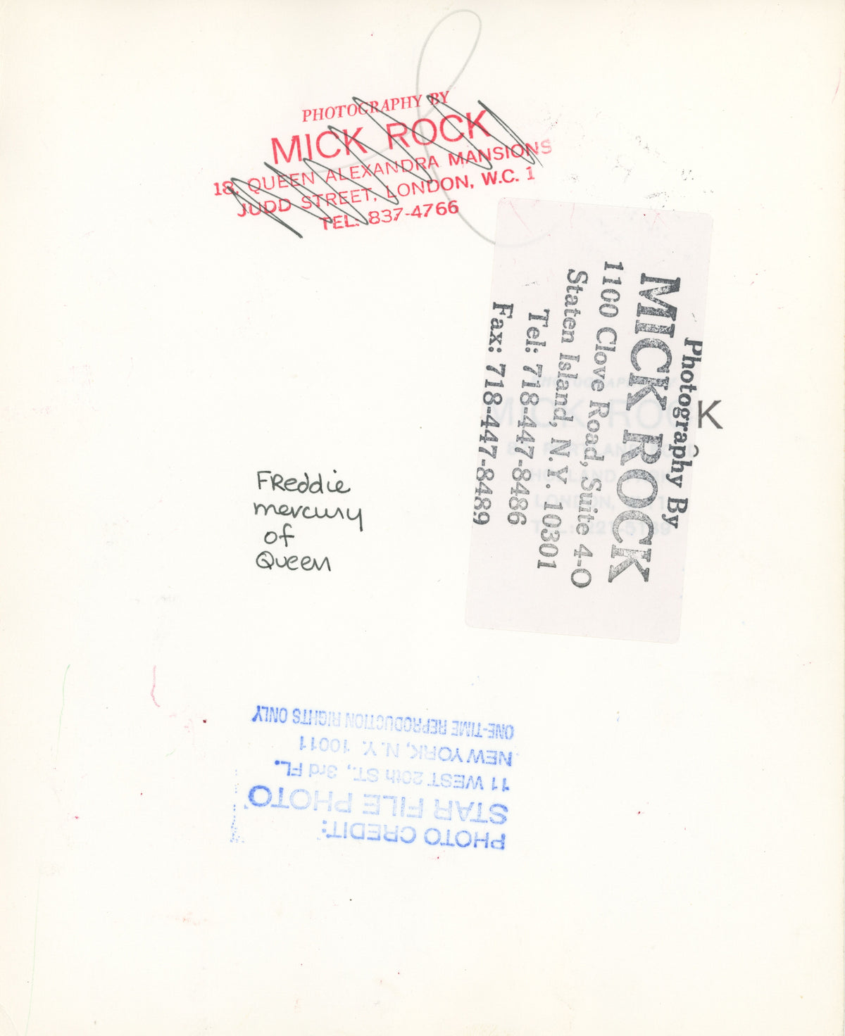 Verso of the Freddie Mercury 1975 vintage print, hand-annotated and stamped by Mick Rock.