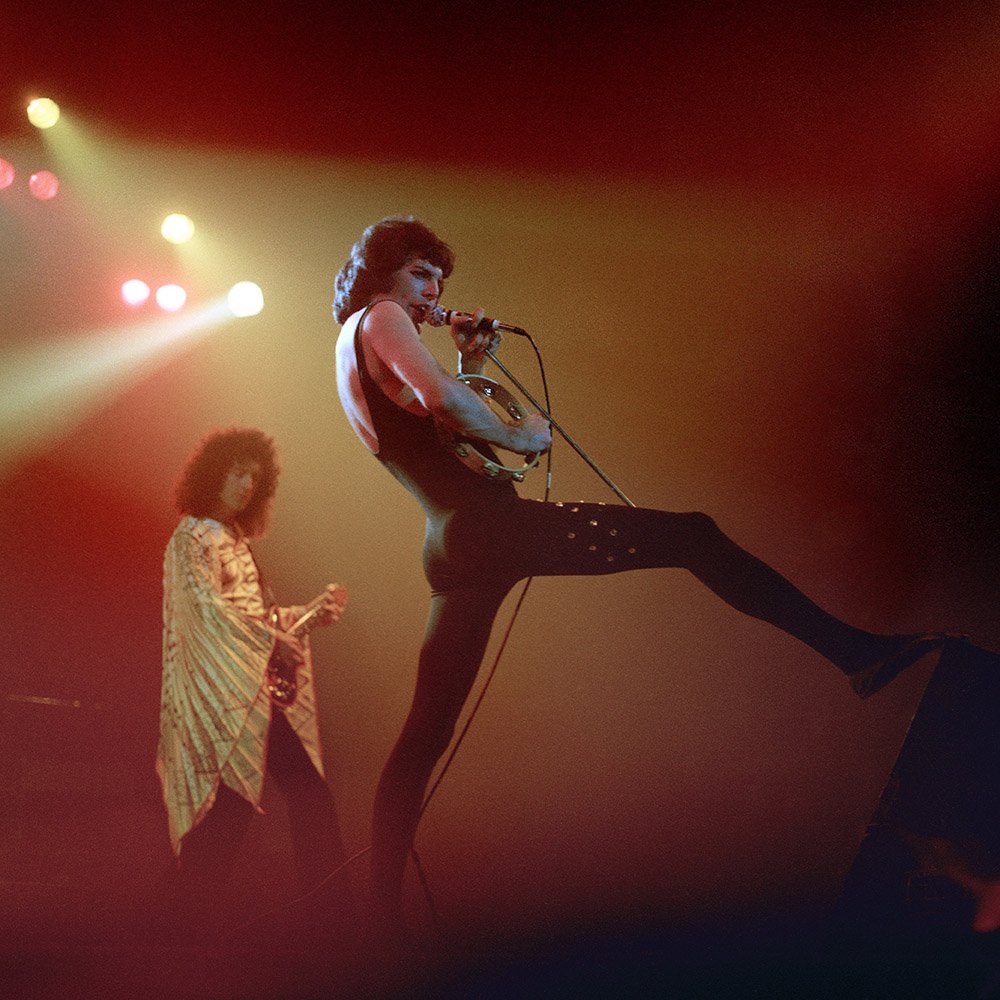 Freddie Mercury and Brian May of Queen at Maple Leaf Gardens, Toronto, 1977, photographed by John Rowlands.
