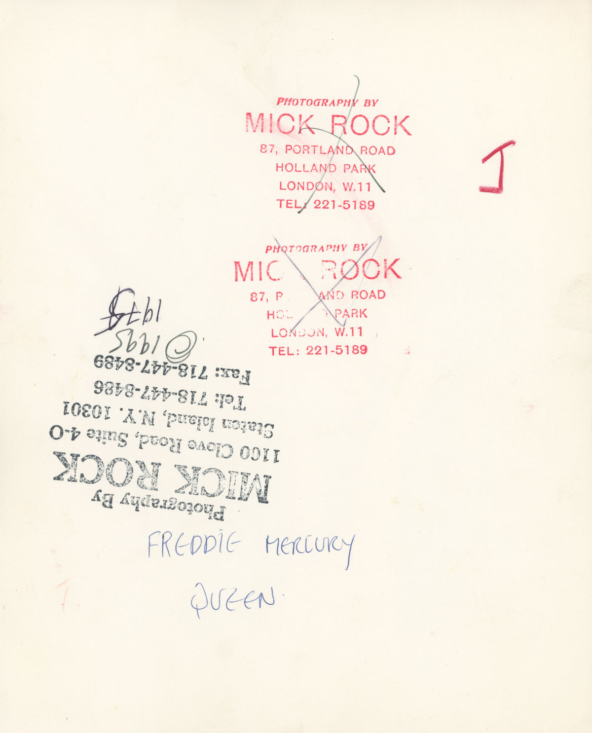Verso of the Freddie Mercury hand on face vintage print, hand-annotated and stamped by Mick Rock.