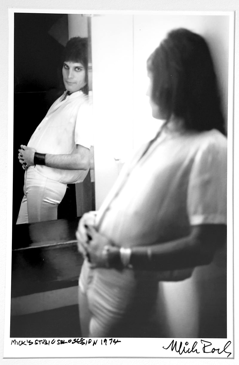 Freddie Mercury reflected in a mirror during a solo session at Mick Rock's studio, London 1974 — photograph by Mick Rock, a signed, hand-titled late print.