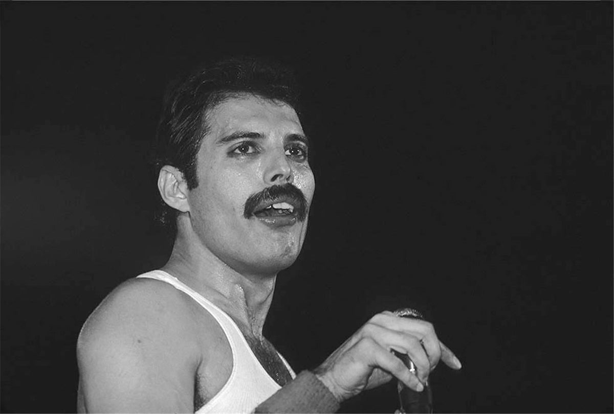Portrait of Freddie Mercury of Queen in a white vest, New York City, photographed by Charlyn Zlotnik, 1980.