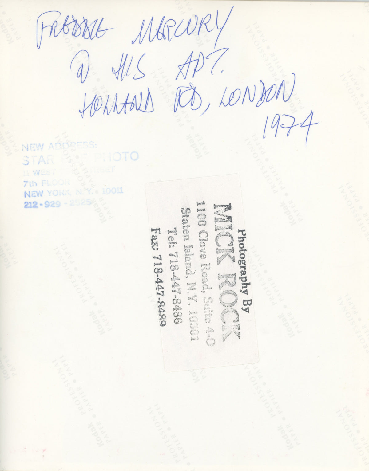 Verso of the Freddie Mercury with goblet print, hand-annotated and stamped by Mick Rock.