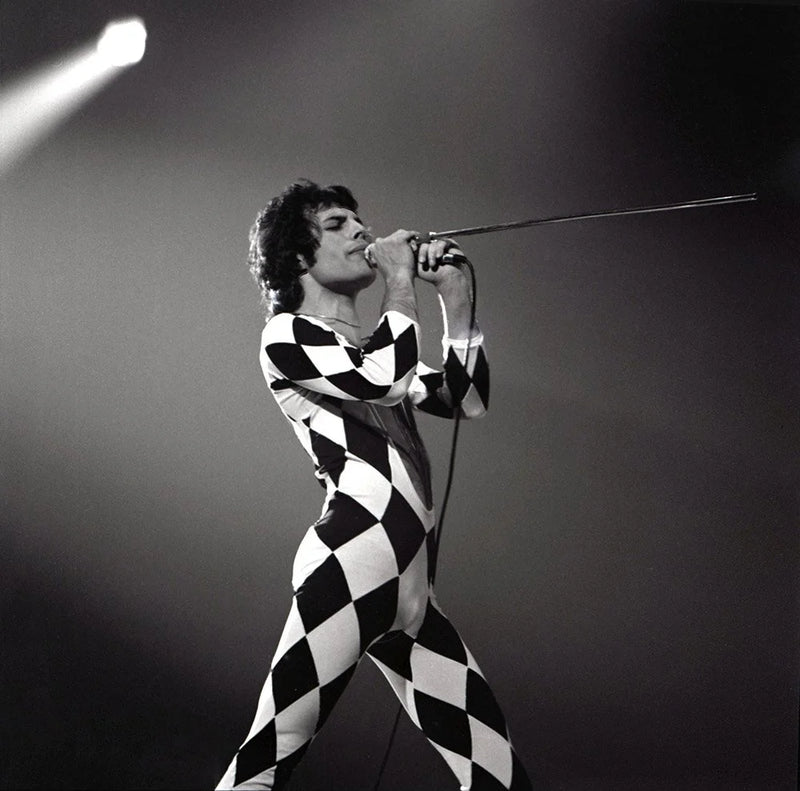 Freddie Mercury of Queen with his half mic stand at Maple Leaf Gardens, Toronto, 1977, photographed by John Rowlands.