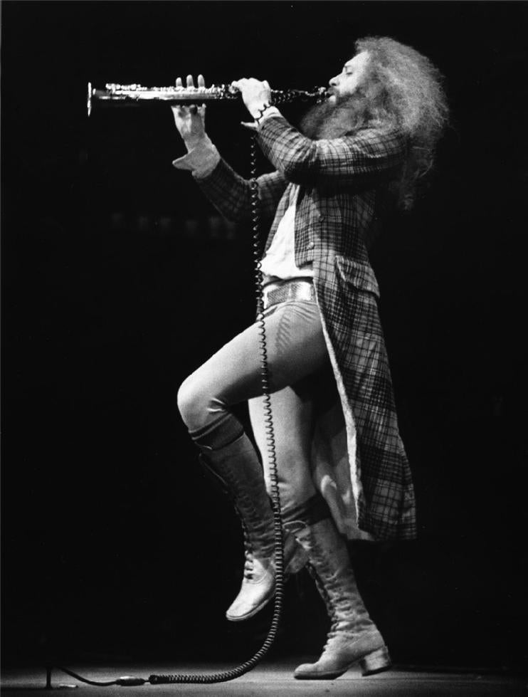 Ian Anderson of Jethro Tull performing at Wembley Arena, London, 1973, photographed by Barrie Wentzell.