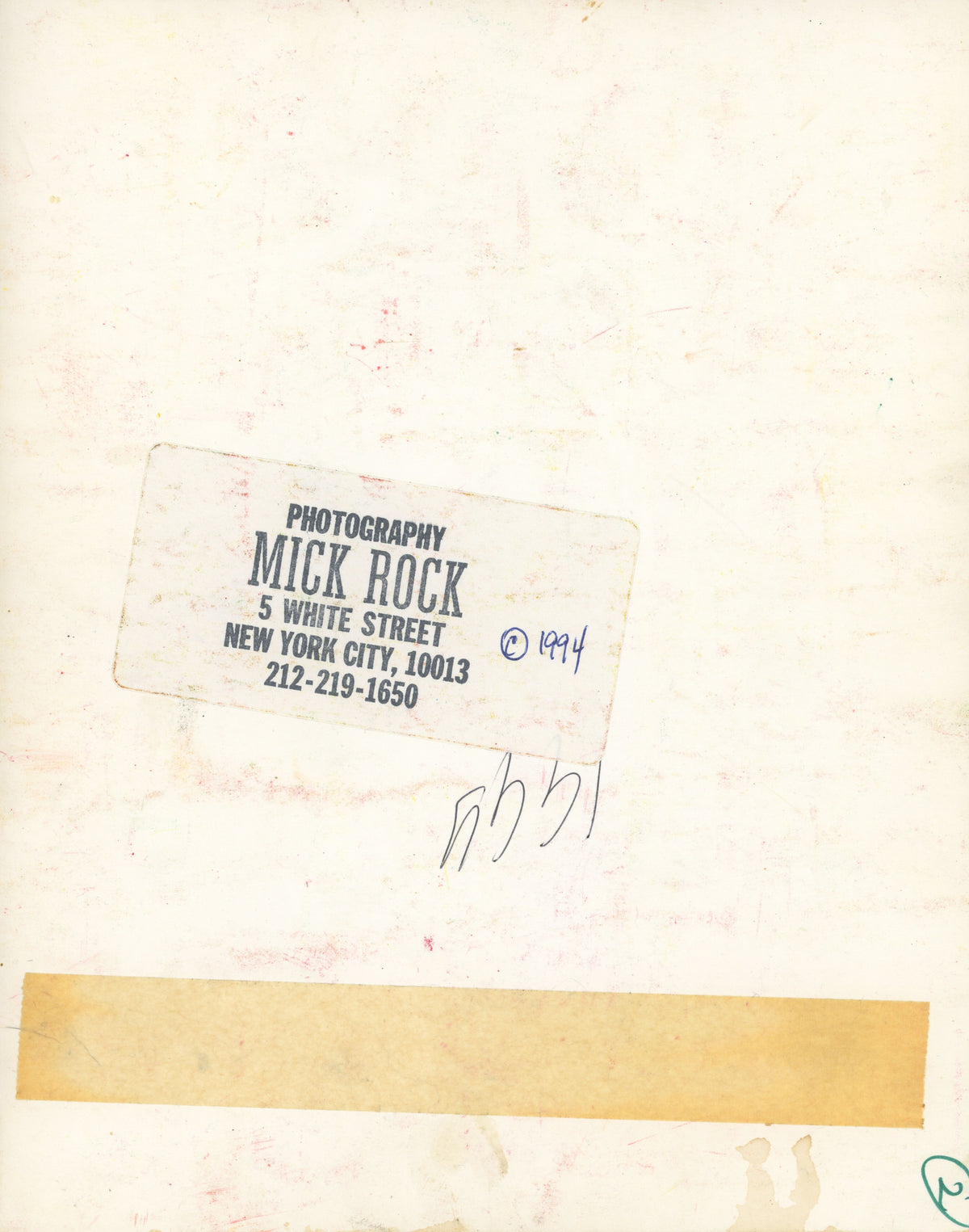 Verso of the Iggy Pop 1994 vintage print, hand-annotated and stamped by Mick Rock.