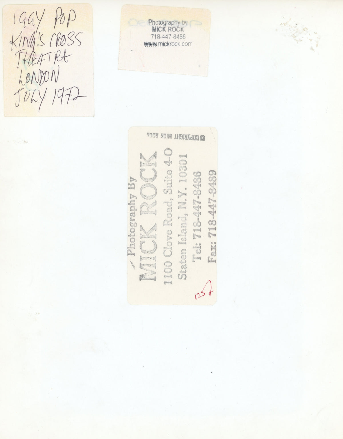 Verso of the Iggy Pop Kings Cross Theatre vintage print, hand-annotated and stamped by Mick Rock.