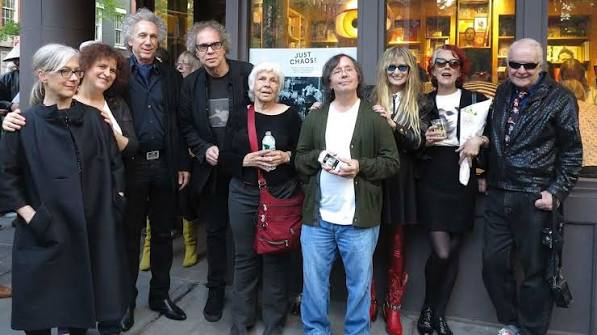 Opening of JUST CHAOS at Bookmarc curated by Roberta Bayley. Left to right: Julia Gorton, Laura Levine, Bob Gruen, David Godlis, Stephanie Chernikowski, Bobby Grossman, Marcia Resnick, Roberta Bayley, Leee Black Childers.