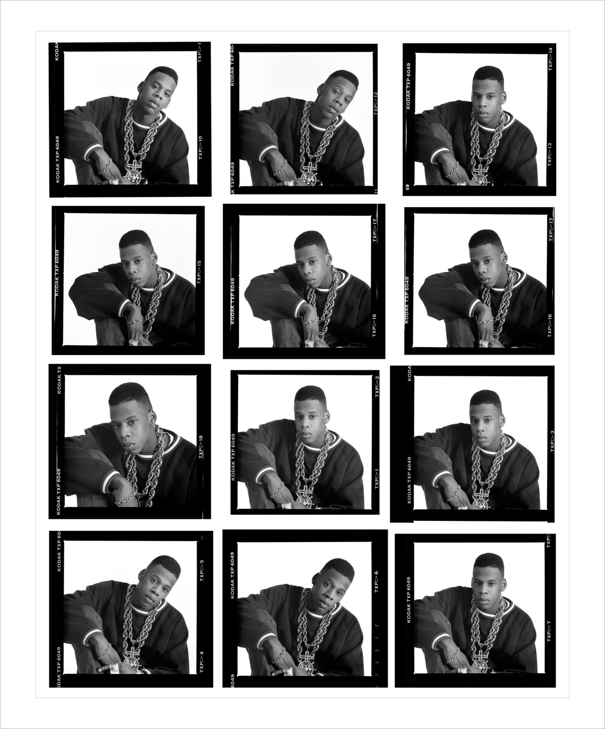 Twelve frames show Jay-Z leaning toward the camera in a studio portrait sequence. Photograph by Timothy White, New York City, 1988.