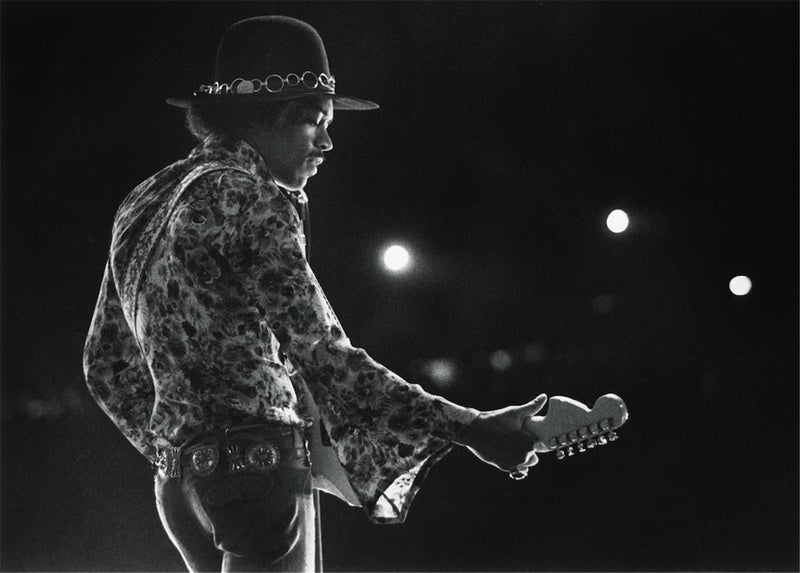 Jimi Hendrix performing at Woburn Abbey, Bedfordshire, 1968, photographed by Barrie Wentzell.