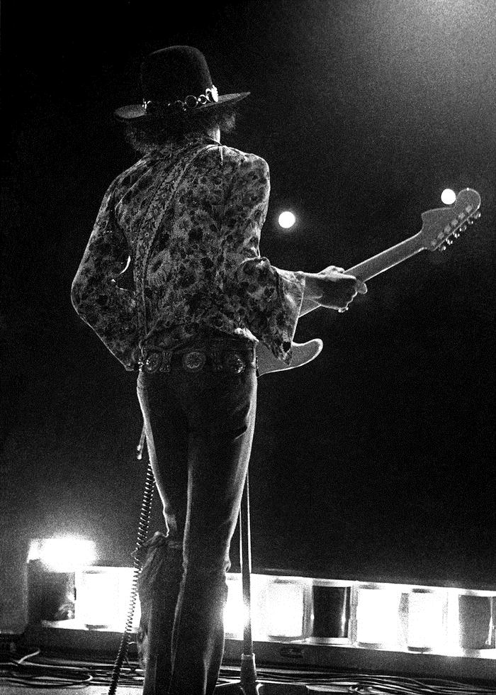 Jimi Hendrix on stage at the Woburn Music Festival, Bedfordshire, 1968, photographed by Barrie Wentzell.