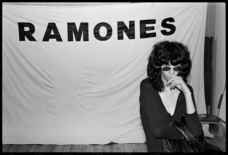 Joey Ramone with Banner, New York City, 1977, photographed by Chris Stein.