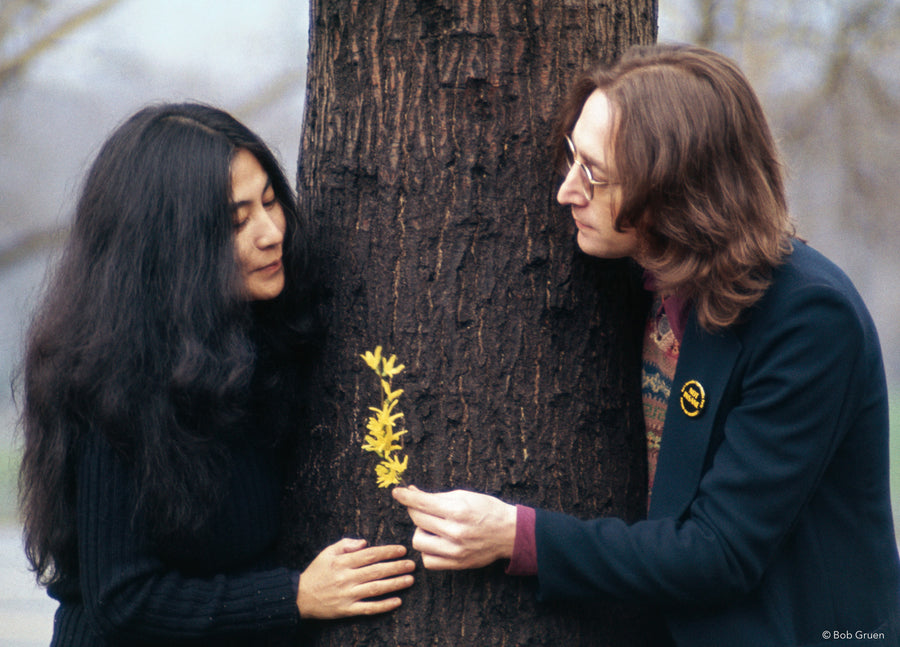 John Lennon and Yoko Ono by a tree in Central Park, New York City, 1973, photographed by Bob Gruen.