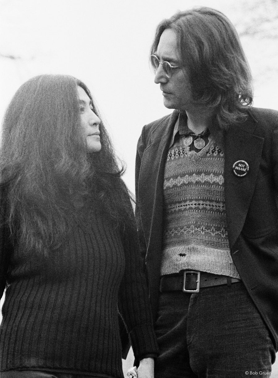 John Lennon and Yoko Ono looking at each other in New York City, 1973, photographed by Bob Gruen.