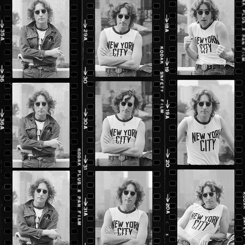 Contact sheet from the NYC T-Shirt session featuring John Lennon in New York City, 1974, photographed by Bob Gruen.