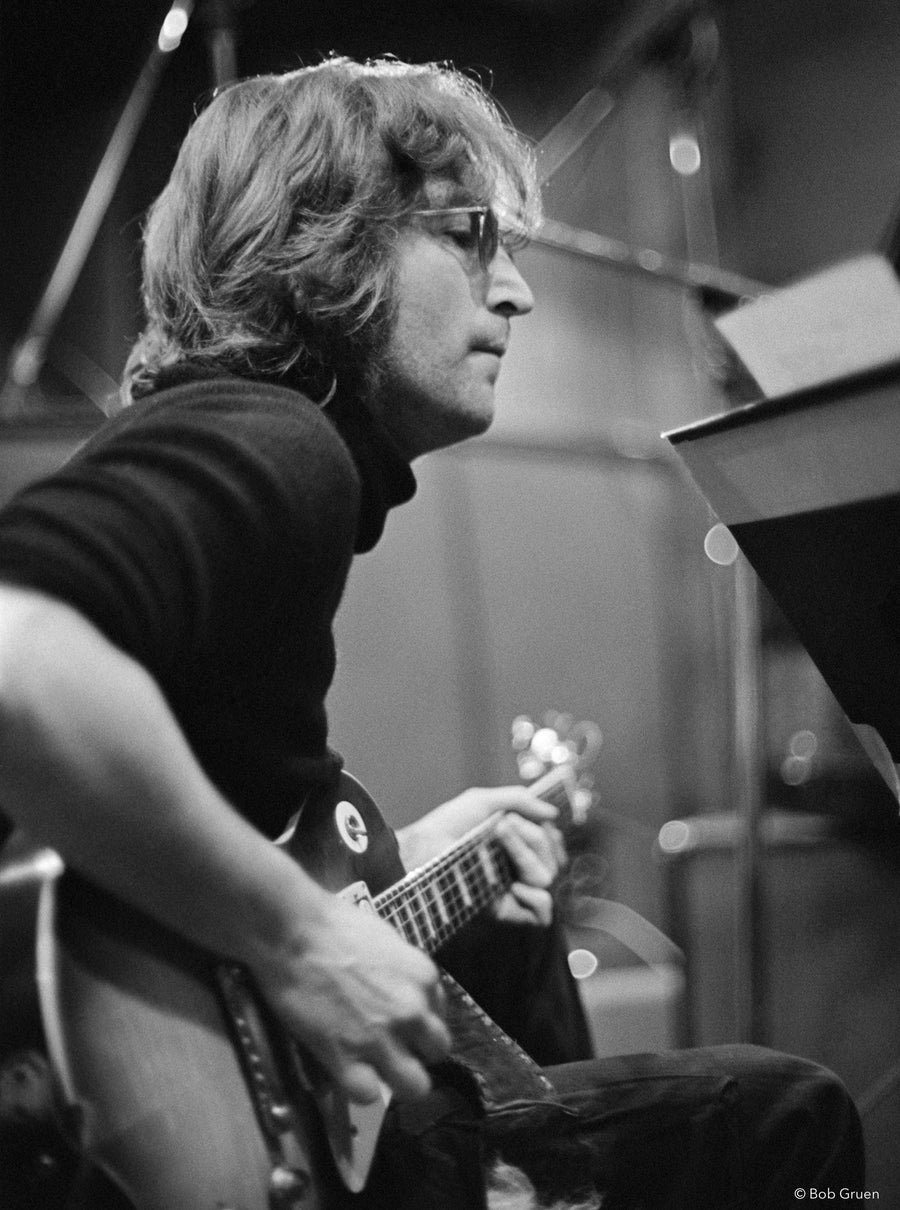 John Lennon during a recording session at Record Plant, New York City, 1972, photographed by Bob Gruen.