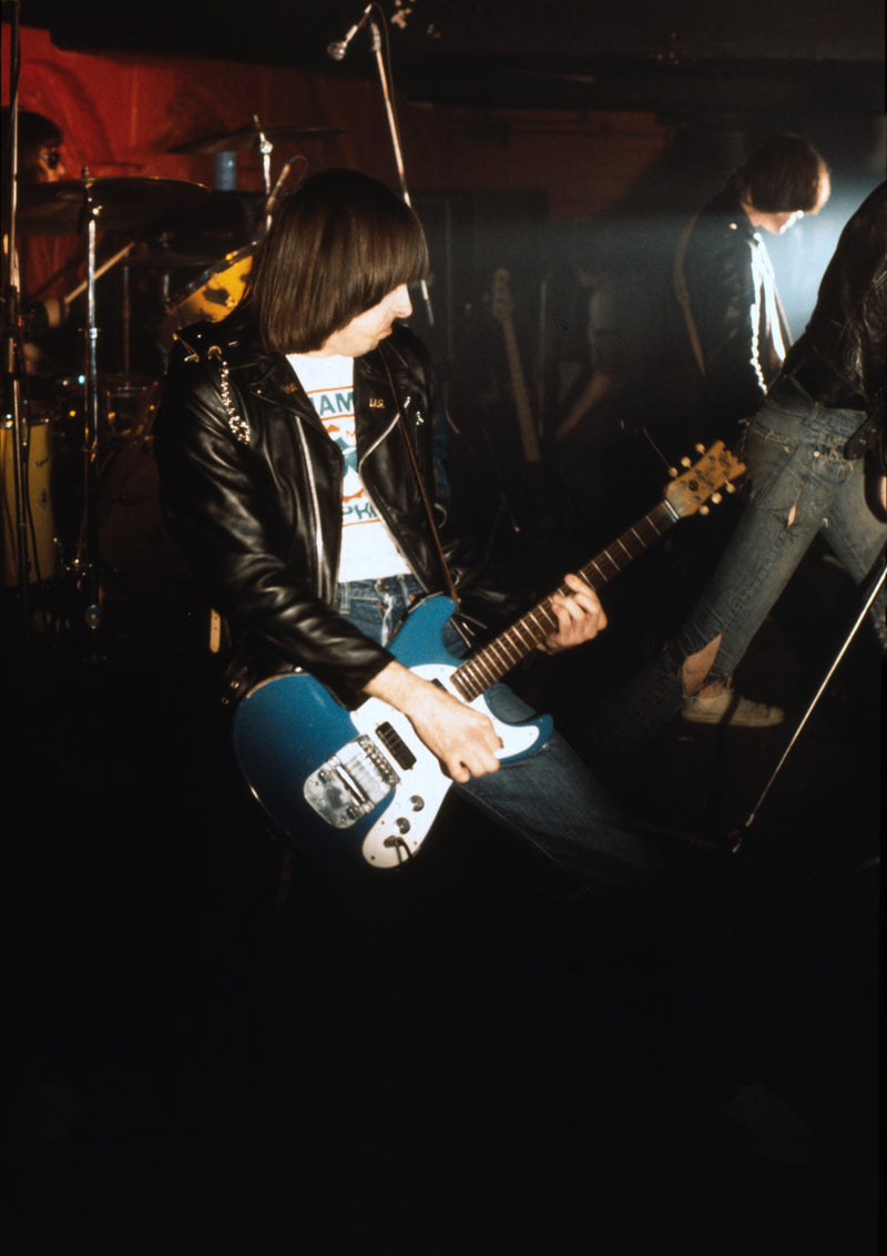 Close-up of Johnny Ramone performing in Liverpool, UK, 1978, photographed by Ian Dickson.