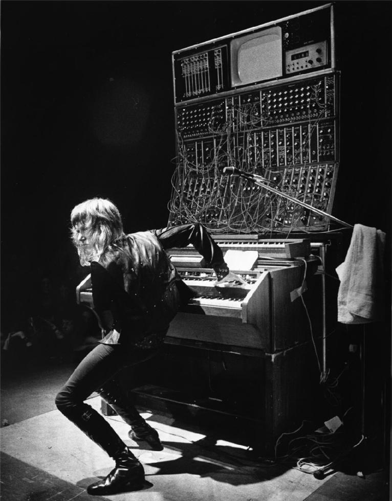 Keith Emerson of Emerson, Lake & Palmer performing on the 1973 US tour, photographed by Barrie Wentzell.