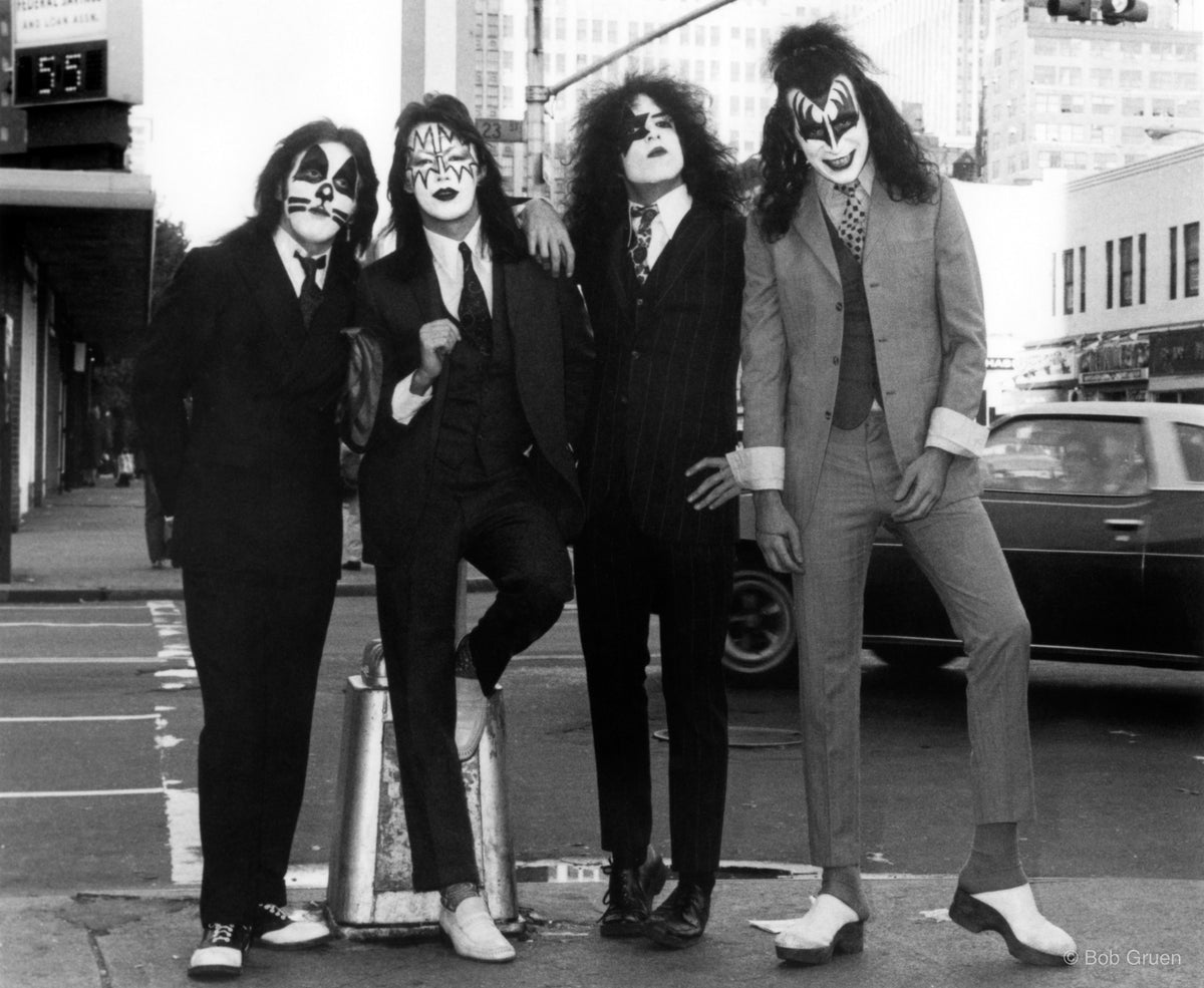 Members of Kiss during the Dress to Kill album cover session in New York City, 1974, photographed by Bob Gruen.