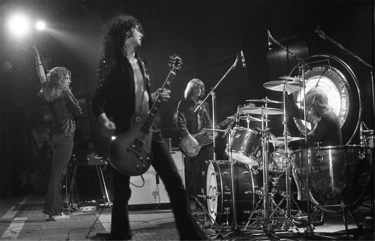 Led Zeppelin performing at the Palais des Sports, Paris, 1973, photographed by Barrie Wentzell.