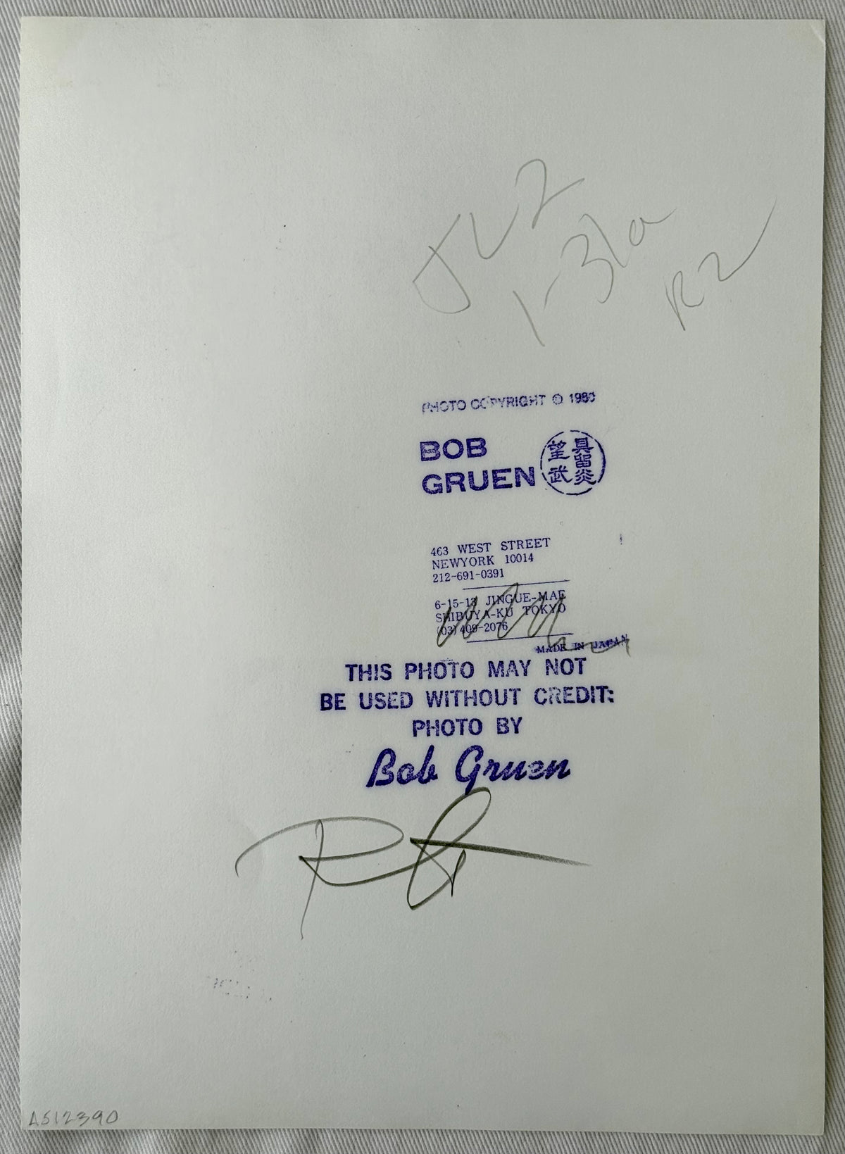 Verso of Bob Gruen’s vintage John Lennon, New York City, 1977 print, showing the photographer’s copyright archive stamp and period annotations.