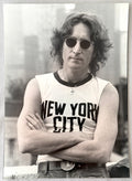 Original vintage gelatin silver print of John Lennon in his New York City T-shirt, 1977, photographed by Bob Gruen.