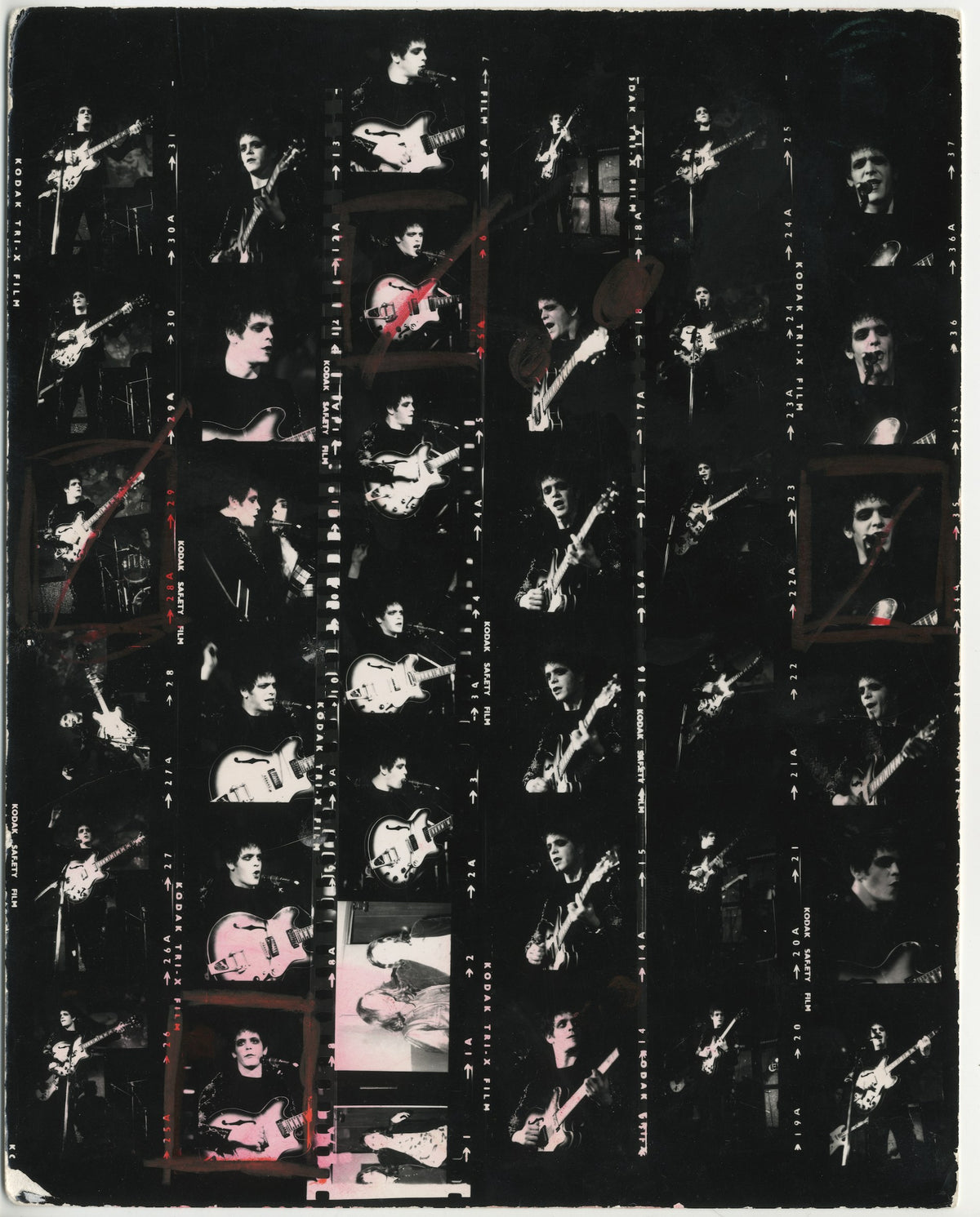 Original contact sheet from Mick Rock’s Lou Reed Transformer session. Unique vintage gelatin silver print.