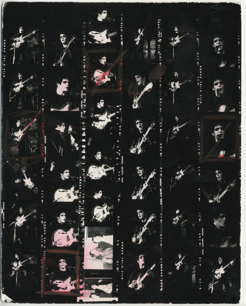 Original contact sheet from Mick Rock’s Lou Reed Transformer session. Unique vintage gelatin silver print.