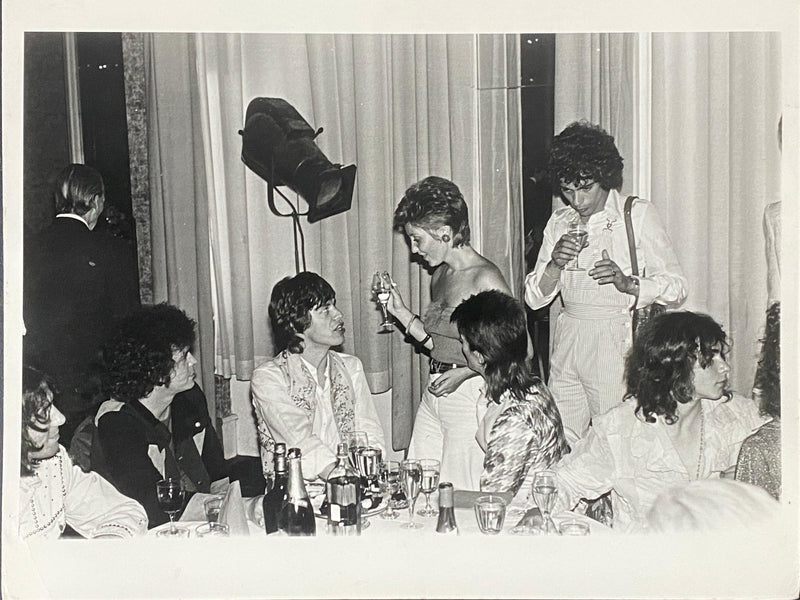 Lou Reed, Mick Jagger, David Bowie and Bob Dylan together, photographed by Mick Rock. Unique vintage gelatin silver print.