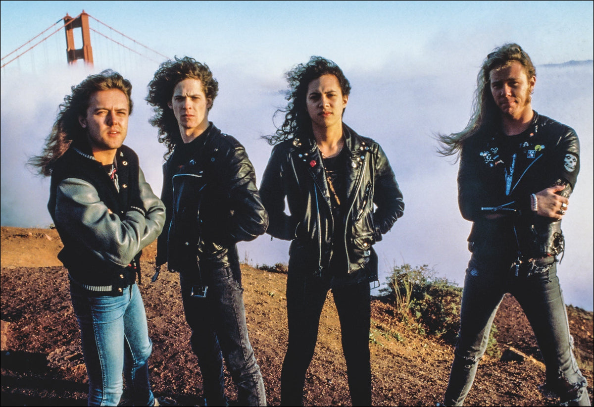 Metallica photographed at the Golden Gate Bridge, San Francisco, California, 1986, by Mark Weiss.