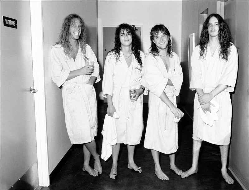 Metallica photographed backstage in robes during the Damage, Inc. Tour, 1986, by Mark Weiss.