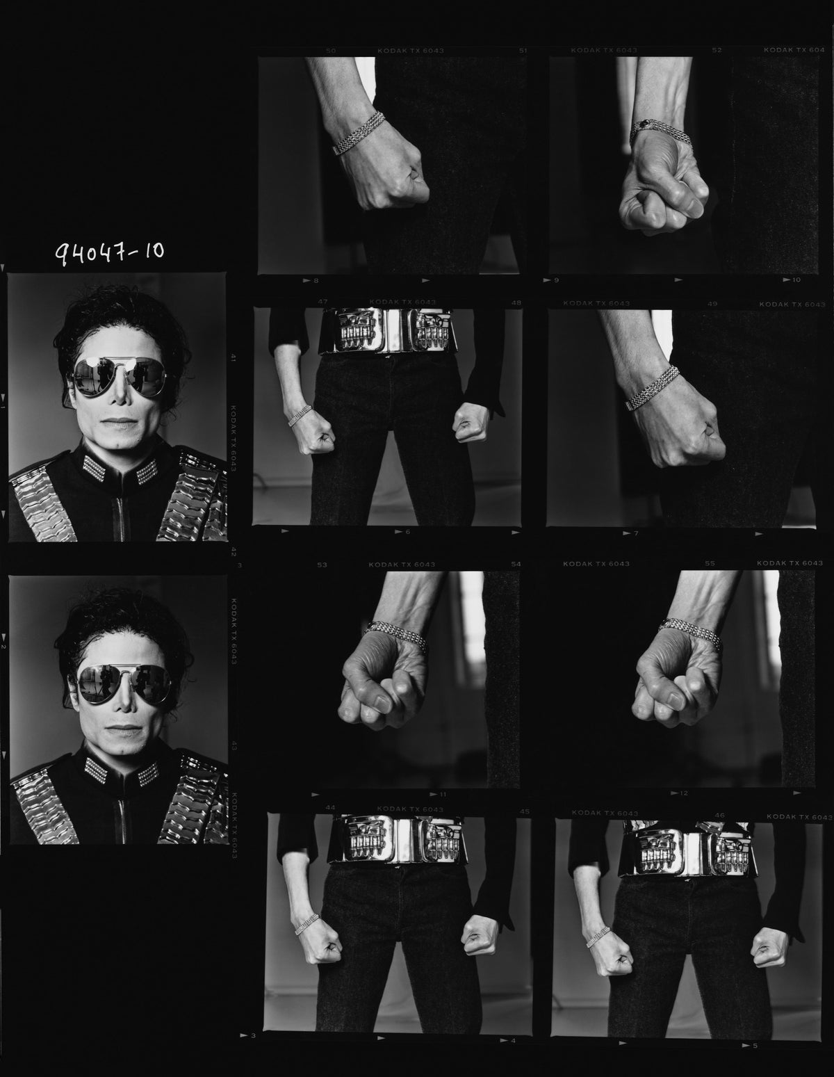 Portraits and close details of Michael Jackson’s hands and clothing are assembled in a contact-sheet composition. Photograph by Timothy White, New York City, 1994.