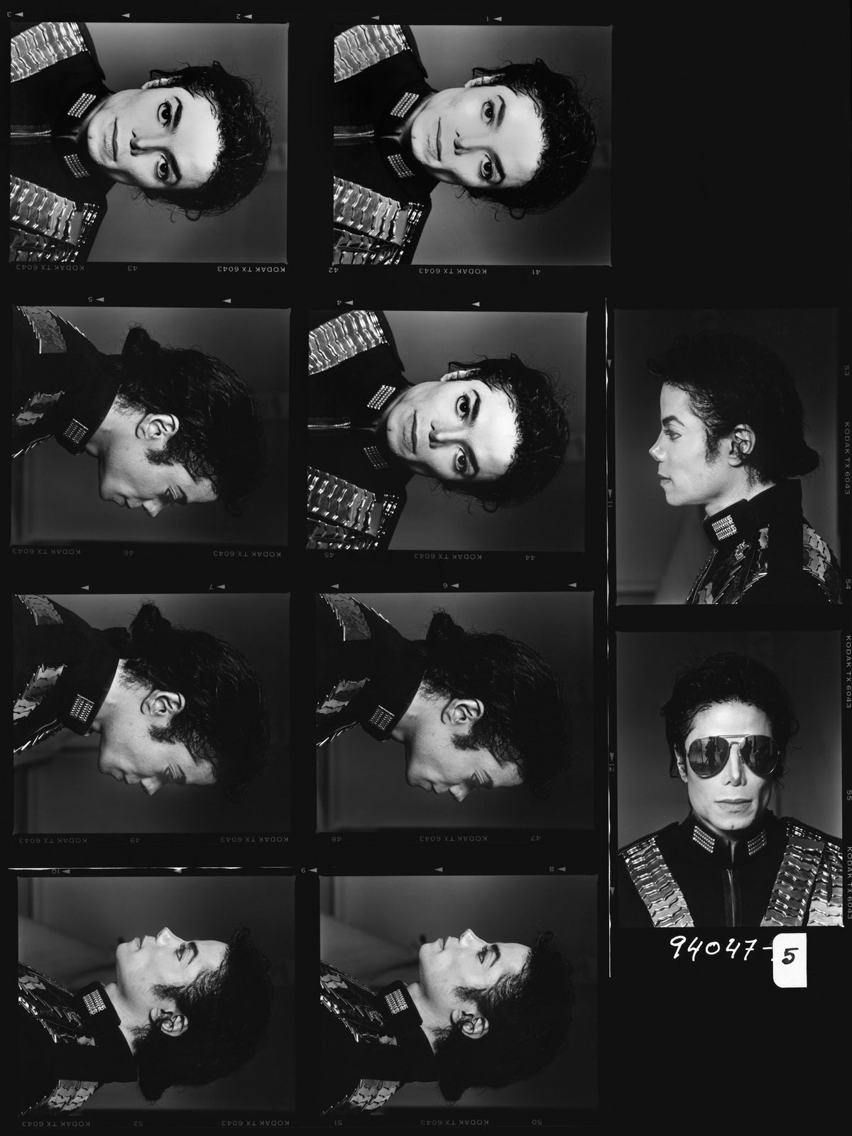 A sequence of close portraits follows Michael Jackson’s changing expressions and gestures against a dark background. Photograph by Timothy White, New York City, 1994.