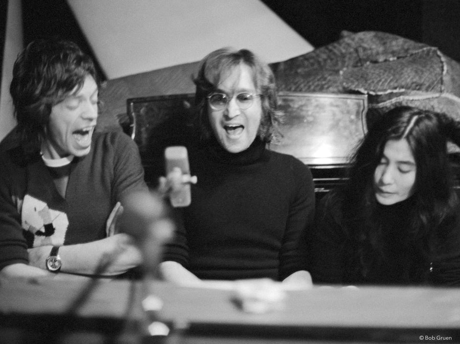 Mick Jagger, John Lennon and Yoko Ono singing together, New York City, 1972, photographed by Bob Gruen.