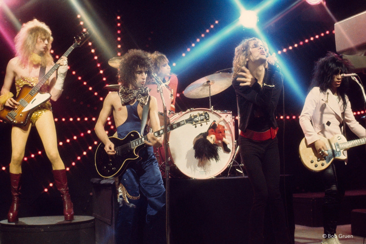 New York Dolls, Full Band on Stage, The Real Don Steele Show, Los Angeles, CA, 1973, photographed by Bob Gruen.