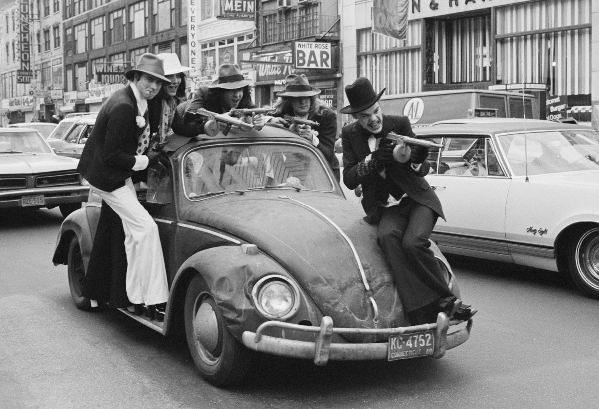 New York Dolls as The Lipstick Killers, 14th Street, New York City, 1974, photographed by Bob Gruen.