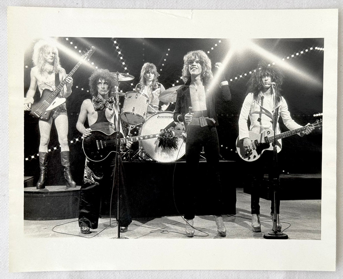 Original vintage gelatin silver print of the New York Dolls on The Real Don Steele Show, Los Angeles, 1973, photographed by Bob Gruen.